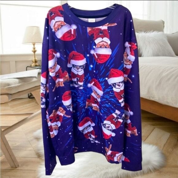 CHRISTMAS KITTY CAT LOVER SWEATSHIRT SANTA HAT GALAXY CELESTIAL HOLIDAY XMAS XL - Picture 2 of 5